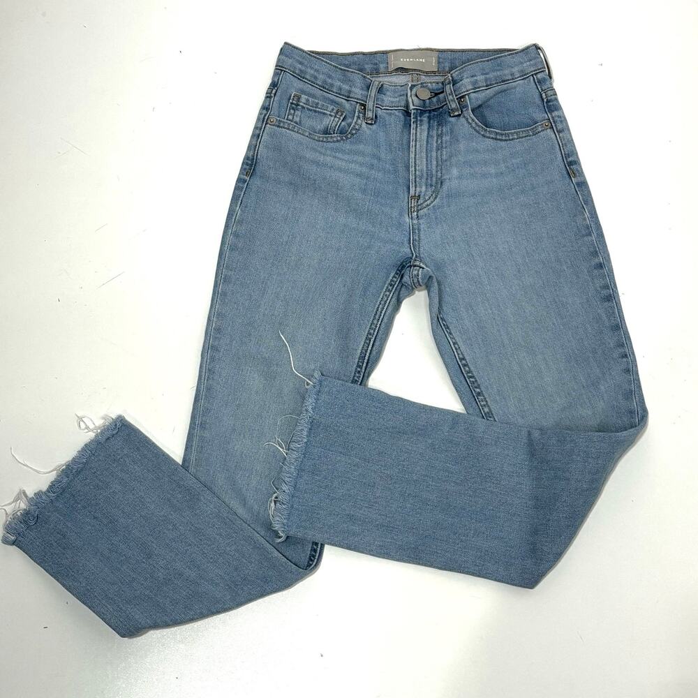 Everlane The Kick Crop Demi Bootcut Frayed Hem High Rise Blue Jeans 25